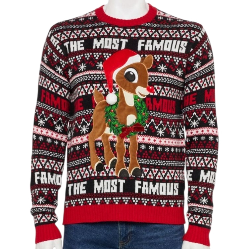 Men’s Rudolph Christmas Sweater L NWT “The Most Famous” Holiday Pullover